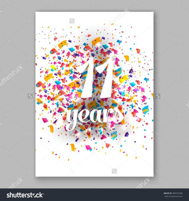 Eleven years paper sign over confetti. Vector holiday illustration.