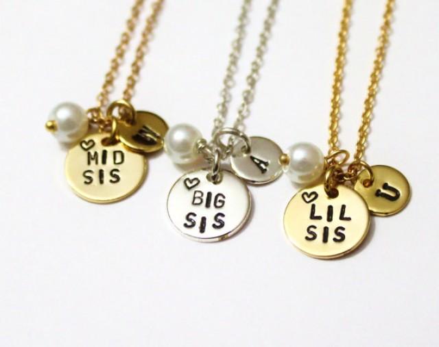 wedding photo - Set of Three, Sisters Jewelry, Necklaces for Sisters, Little Sister, Big Sister, Mid Sister, Personalized Necklace, Initial Sister Gift