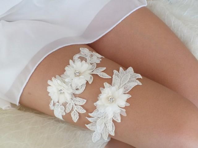 wedding photo - free ship ivory lace garter set, bridal garter, floral garter, garter, lace garter, toss garter, wedding garter