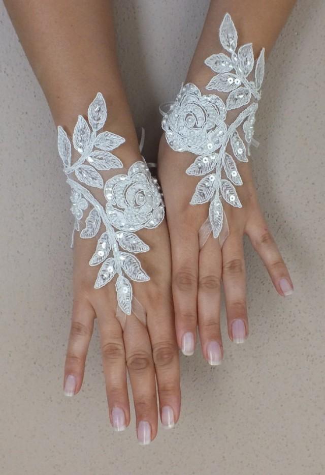 wedding photo - Free ship, Ivory lace Wedding gloves, floral lace bridal gloves, fingerless lace gloves,handmade