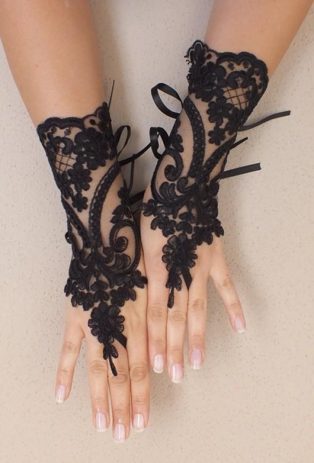 wedding photo - Free ship, black white Wedding gloves french lace gloves bridal gloves lace gloves fingerless gloves ivory gloves free ship