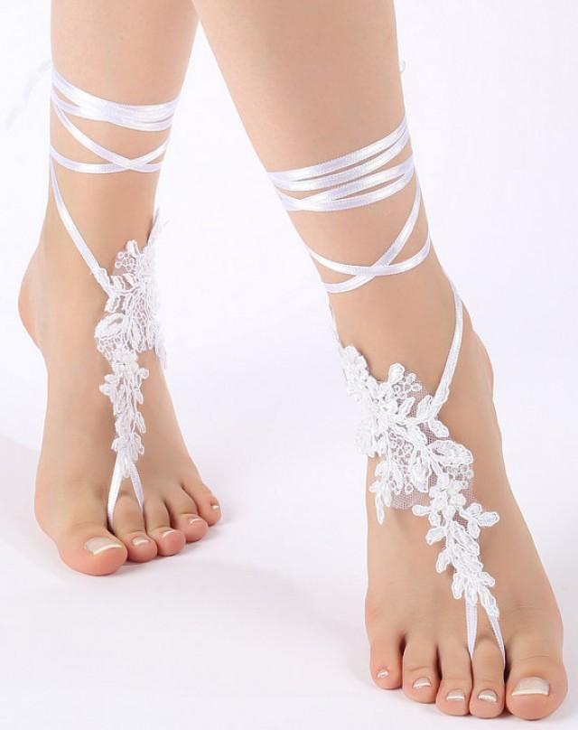 wedding photo - Free Ship white, lariat sandals, laceBarefoot Sandals, french lace, Beach wedding barefoot sandals