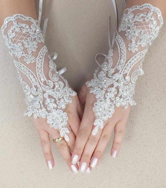 wedding photo - Free ship, Ivory lace Wedding gloves, silver beads embroidered bridal gloves, fingerless lace gloves,handmade