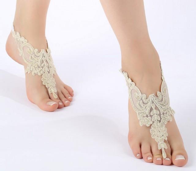wedding photo - Free ship champagne gold Barefoot Sandals, french lace, bridal shoes, Wedding, beach wedding barefoot sandals