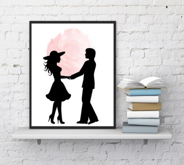 wedding photo - Couple print art, Couple silhouettes, Couple in love, Big rose print, Romantic printable, Modern wall decor, Wedding, InstantDownloadArt1