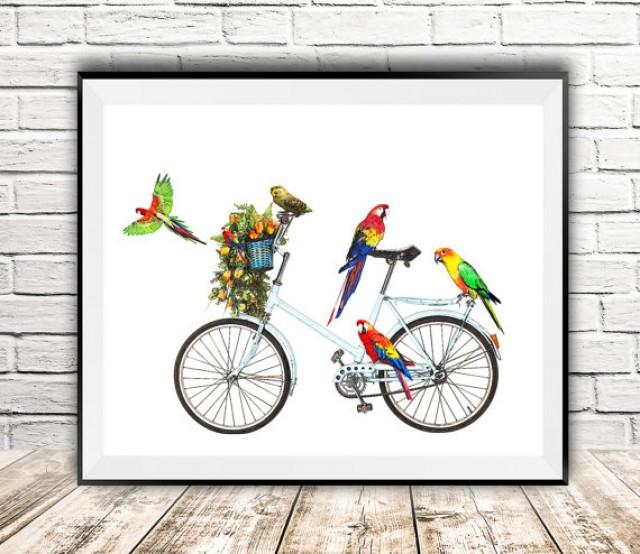 wedding photo - Parrots print, Parrots on bike, Bike print, Birds on bike, Wall decor, Birds wall art, Parrots printable, Illustration, InstantDownloadArt1