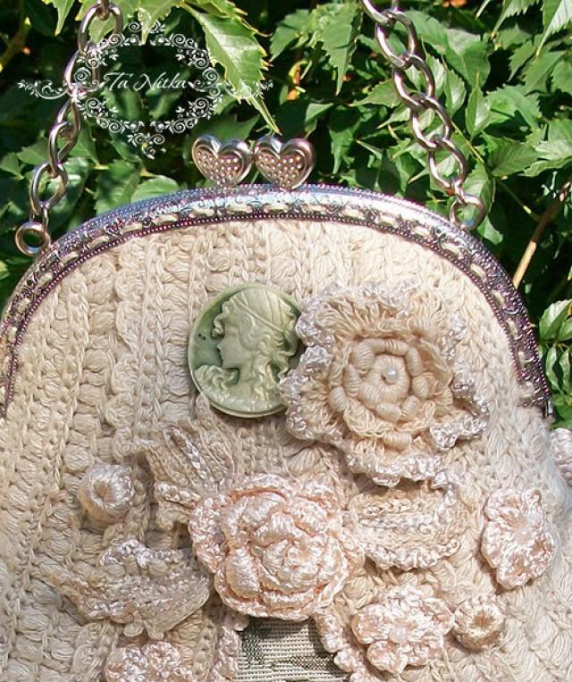 wedding photo - Romantic Autumn Handbag with Crochet Flowers Bag Victorian with a Frame Handbags Sewing Tapestry with Irish lace