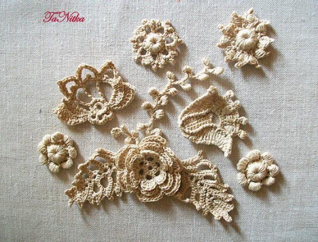 wedding photo - Crochet applique. Knitted flowers. Irish lace. Decoration of clothes. Handwork lace. Home decor.