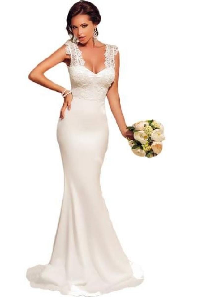 wedding photo - Her White Embroidered Lace Bodice Wedding Party Prom Evening Dress