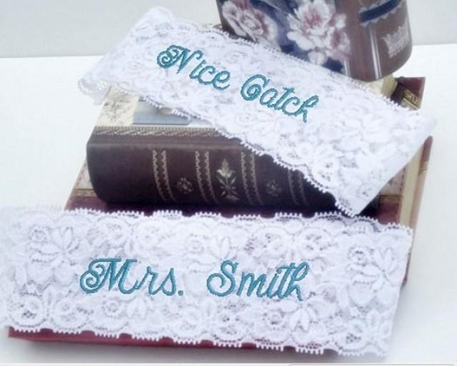 wedding photo - Wedding Garter, Bride's Garter, Personalized, Custom, Embroidered Monogram Lace Garter