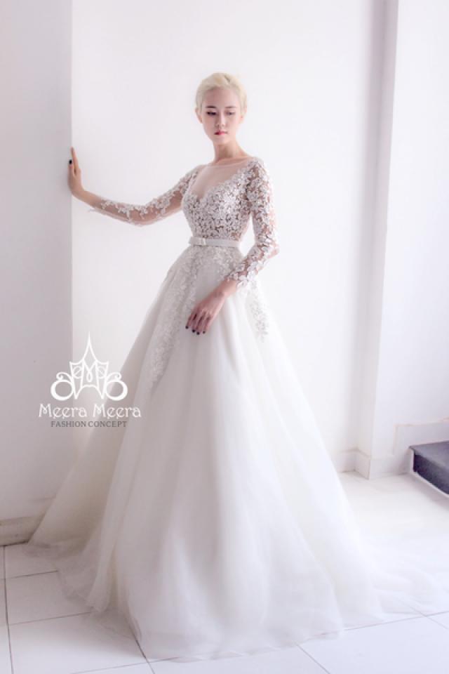 wedding photo - A-line wedding dress with long sleeves and Illusion neckline from Meera Meera