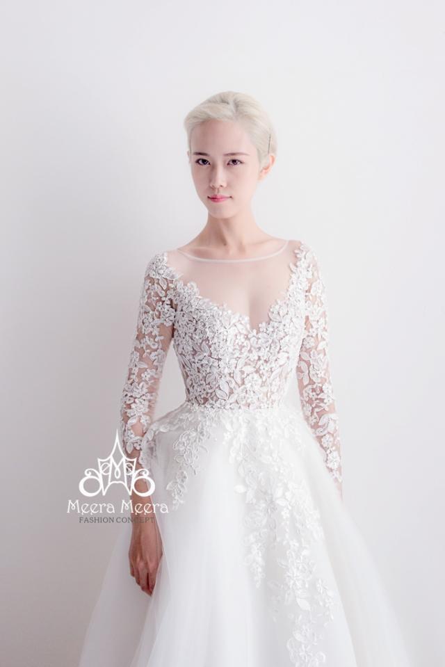 wedding photo - A-line wedding dress with long sleeves and Illusion neckline from Meera Meera