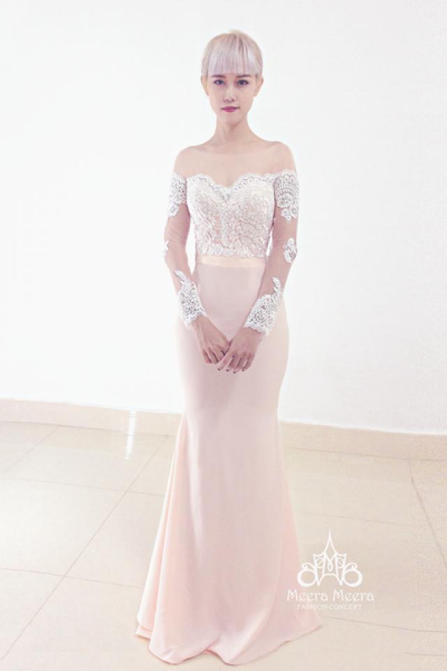 wedding photo - Feminine soft pink orange  mermaid night gown wedding dress from Meera Meera