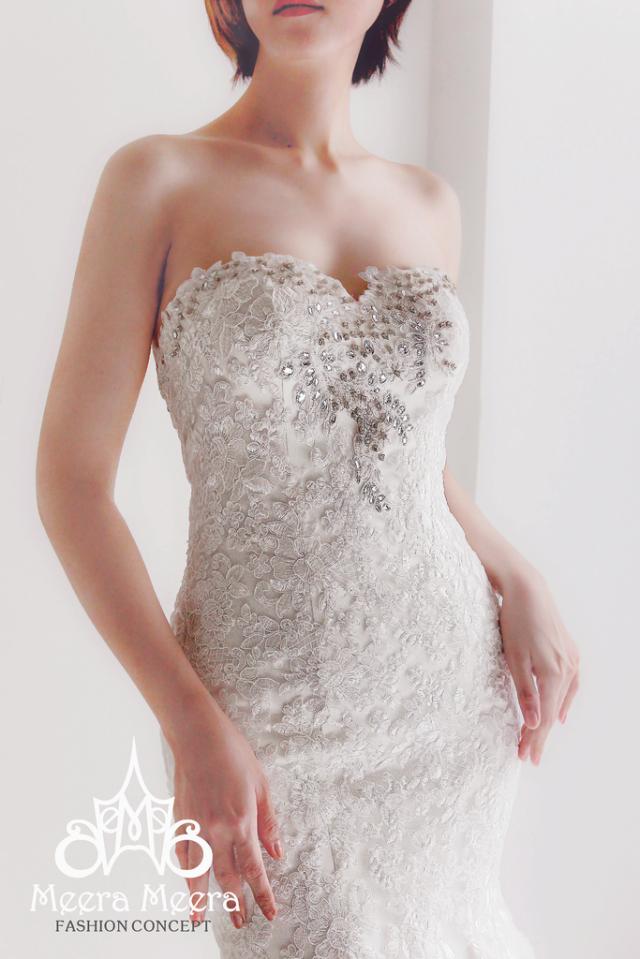 wedding photo - Sweetheart Trumpet lace Wedding Dress with crystal Beaded details from Meera Meera