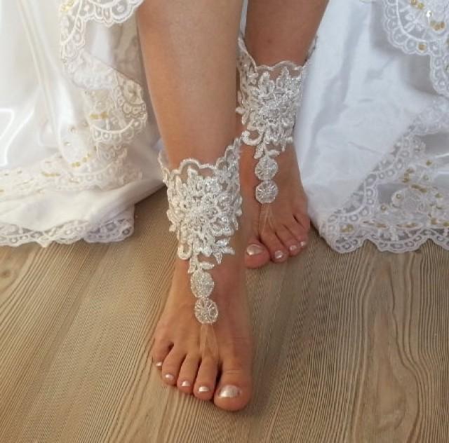 wedding photo - ivory Barefoot silver frame , french lace sandals, wedding anklet, Beach wedding barefoot sandals, embroidered sandals.