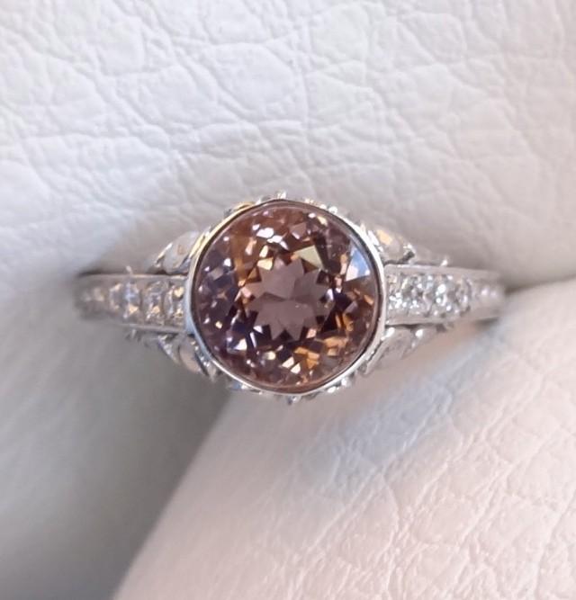 wedding photo - Pink Tourmaline with Diamonds Engraved Filigree Antique / Vintage Style Engagement  Ring 18k  White Gold