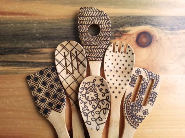 Wood burned kitchen utensils, bamboo wooden spoons