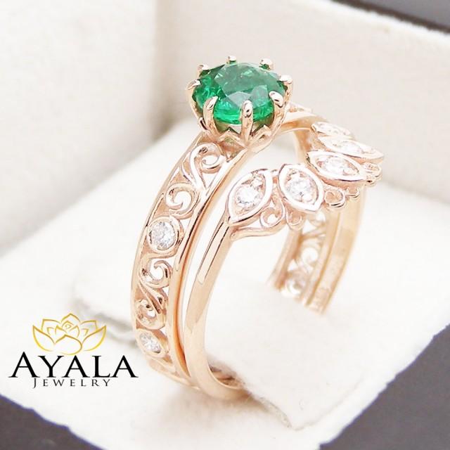 wedding photo - Filigree Design Emerald Wedding Ring Set in 14K Rose Gold Unique Emerald Engagement Set Art Deco Wedding Rings