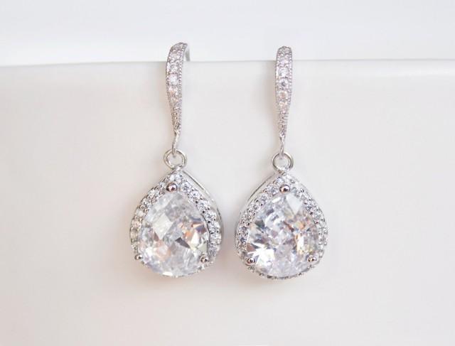 wedding photo - Cubic Zirconia Teardrop Earrings, Bridal Earrings, Sparkly Crystal Silver Earrings, Bridesmaid Gift, Wedding Jewellery