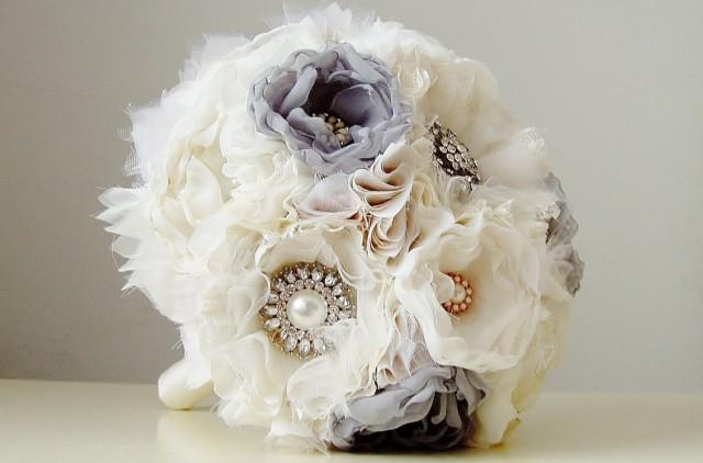 wedding photo - Fabric Wedding Bouquet, Wedding, Brooch Bouquet, Handmade Bridal Bouquet,  Vintage Wedding  Bouquet, Gray, Off White