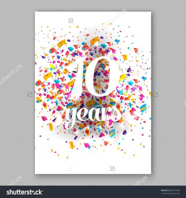 Ten years paper sign over confetti. Vector holiday illustration.