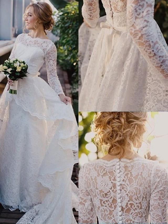 wedding photo - Scalloped Neck Sweep Train Lace Sashes / Ribbons Long Sleeve Newest Wedding Dresses in UK