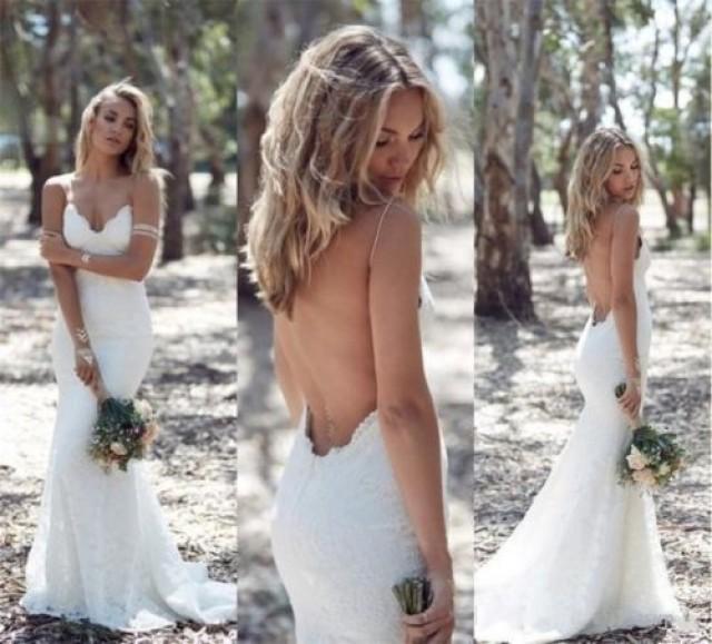 wedding photo - Bohemian Mermaid Lace Wedding Dress Spaguetti Straps Open Back Wedding Dress Bohemian Wedding Dress