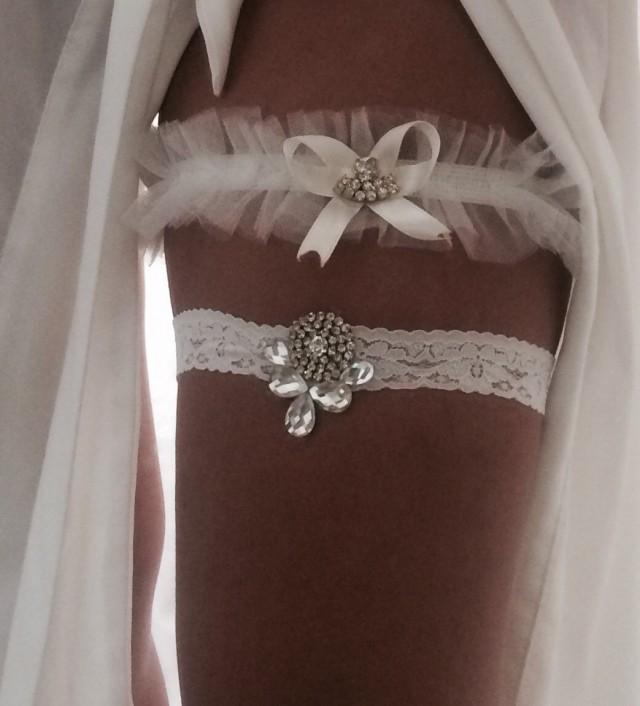 Rhinestone Encrusted Lace Wedding Garter Belt Set. Custom Fit Bridal Accessory Essentials