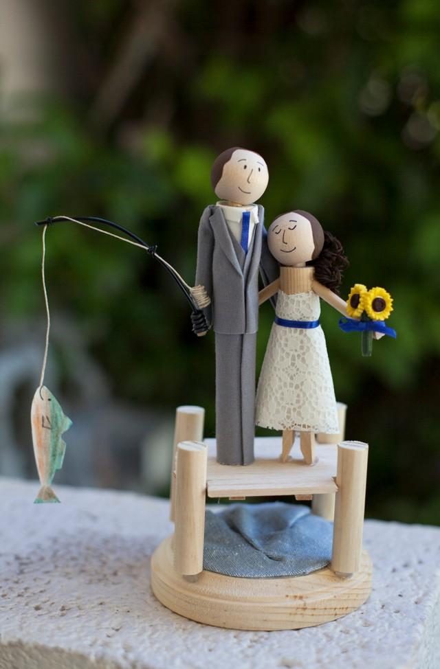 Cake Topper- Handmade Keepsake Wedding Topper- custom made wood bride and groom with fishing scene