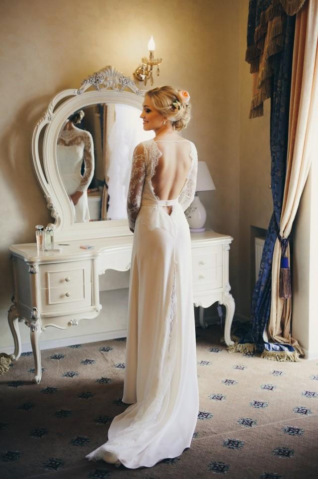 A-line Lace Wedding Dress with Open Back - &quot;Natalia&quot;, Romantic and Classic bridal dress, Rustic bridal gown, Long Sleeve Wedding Dress