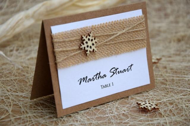wedding photo - Winter Place Cards, Rustic Place Cards, Burlap Wedding, Winter Wedding, Snowflake Place Cards Name, Wood Place Card, Winter Wedding Card