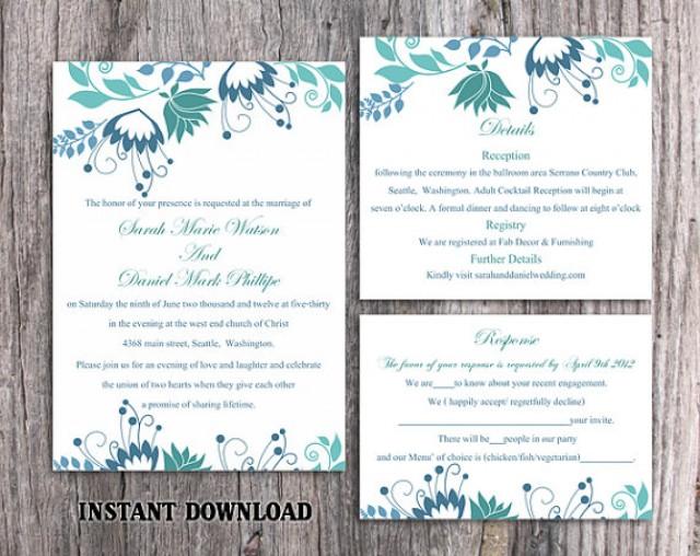wedding photo - DIY Wedding Invitation Template Set Editable Word File Instant Download Printable Invitation Floral Wedding Invitation Blue Invitations