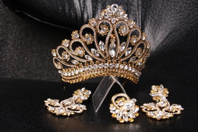wedding photo - Unique handmade princess tiara crown , wedding tiara, crystal gold tiara hand made for order inlaid with brown SWAROVSKI Crystals