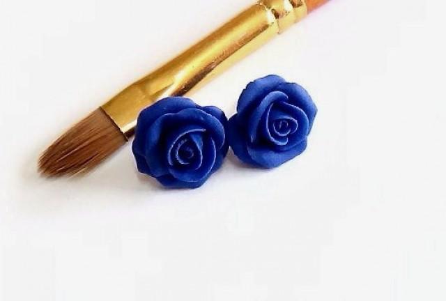 wedding photo - Blue rose Earrings stud - Blue Wedding Jewelry, Small Flower studs Earrings, Blue Bridesmaid Jewelry, Blue Flower