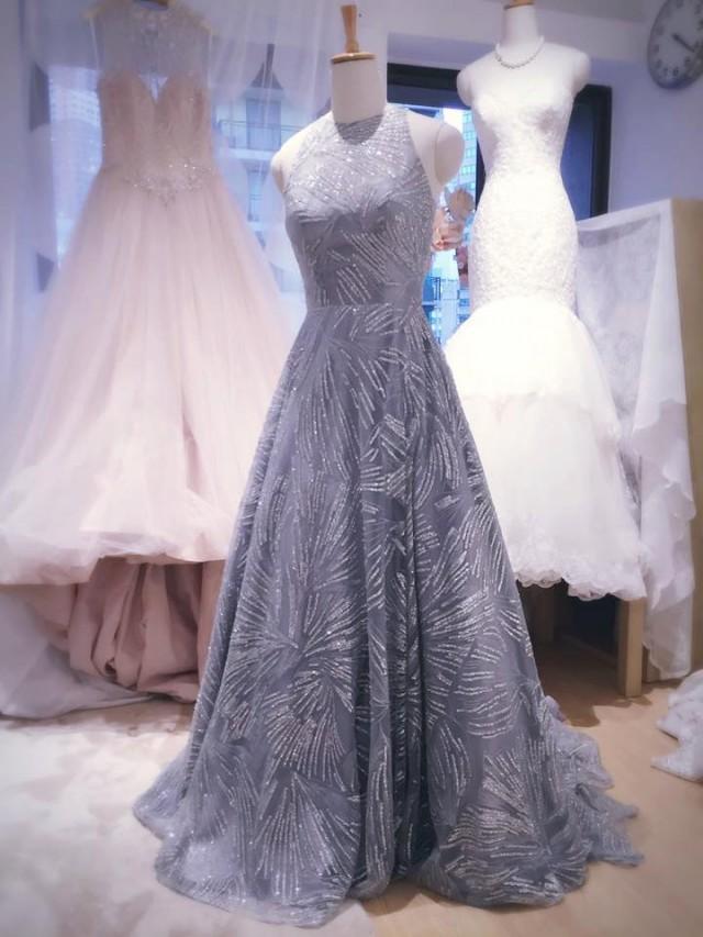 wedding photo - Shiny Grey Elegant Bling Bling Evening Dress (Bridal Couture, Designer Fabric, wedding dress, bateau neckline, tulle evening dress, couture)