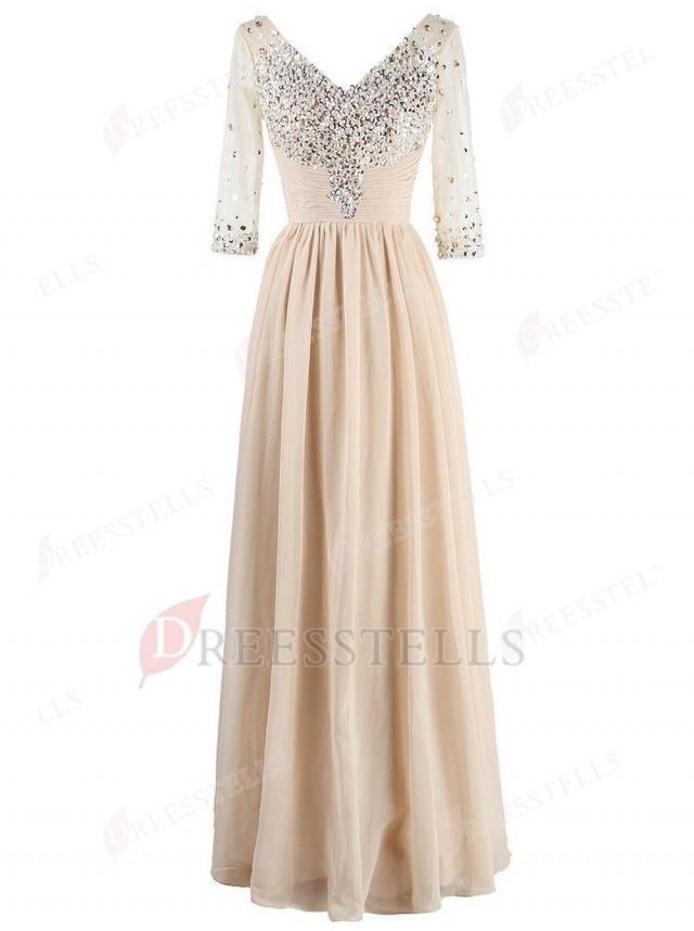 wedding photo - A-line V-neck Champagne 3/4 Sleeves Beaded Mother of the Bride Dress