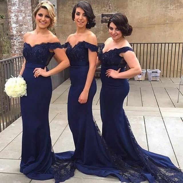 wedding photo - Perfect Navy Blue Bridesmaid Dress - Mermaid Off Shoulder Sweep Train with Beading Lace