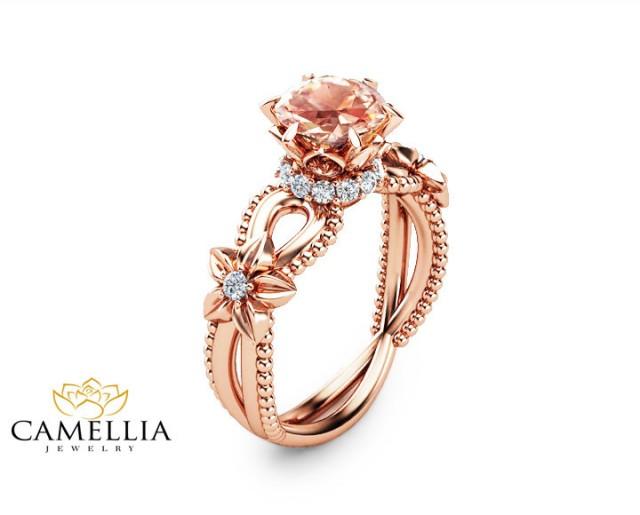 wedding photo - Peach Pink Morganite Engagement Ring Handmade 14K Rose Gold Ring Art Deco Engagement Ring Unique Flower Ring