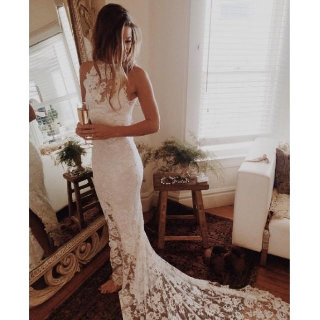 Sexy Long Halter Backless Lace Mermaid Wedding Dresses