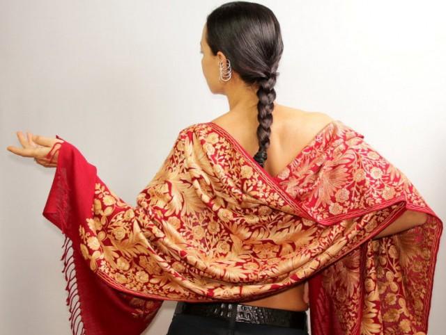Silk Shawl Wrap, Pashmina Shawl, Bridal Pashmina, Pashmina Wrap, Wedding Shawl, Red Gold Pashmina, Wool & Pure Silk Embroidered Shawl