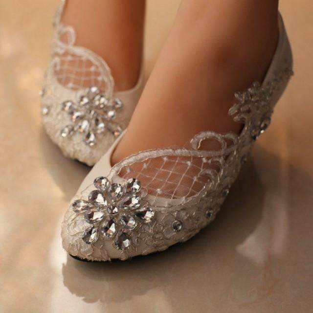 wedding photo - Handmade Middle Heels Pointed Toe Lace Crystal Wedding Bridal Shoes, S007