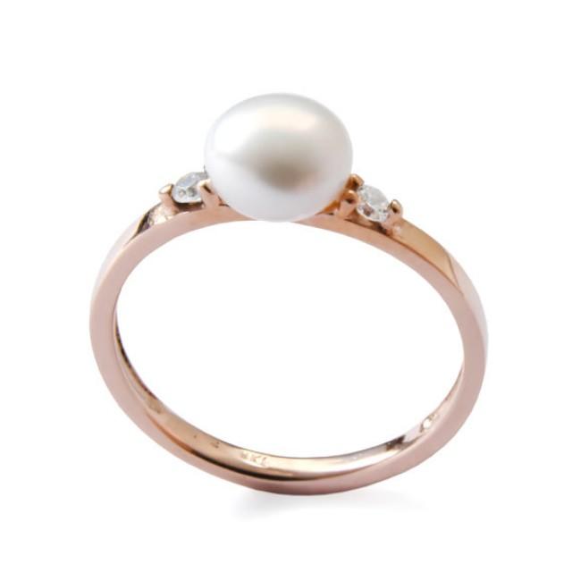 wedding photo - Engagement Pearl and diamonds ring, 14K Rose Gold, Large stone ring, Diamond gold ring, Bridal ring, Gemstone gold ring, Round pearl ring