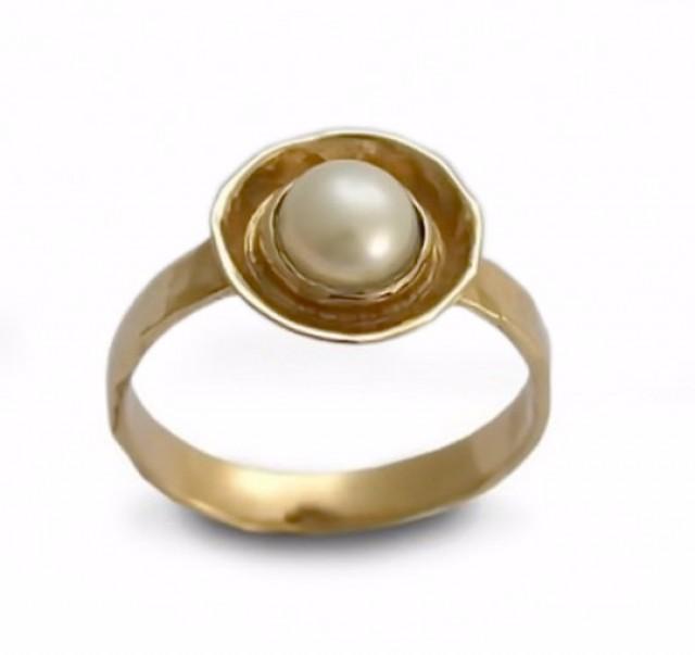 wedding photo - Gold Pearl ring, 14K yellow gold, pearl engagement ring, Organic ring, freshwater pearl ring, Vintage gold ring, White gemstone ring, sale