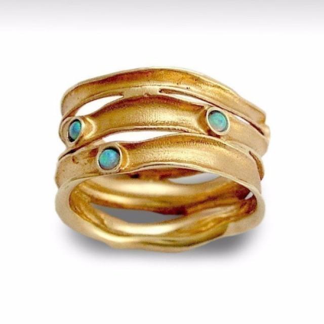wedding photo - Woodland Opal Band, Multistone Gold Band, Gold stripes Ring, 14k gold band, gemstone wedding band, Opal engagement ring, blue opal band sale