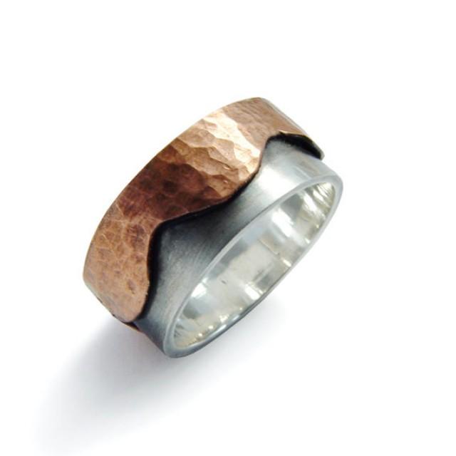 wedding photo - Rustic Men two tone band, Hammered Copper, Wave shape band, Organic wedding band, Sterling silver Infinity ring, Zen mixed metals ring sale