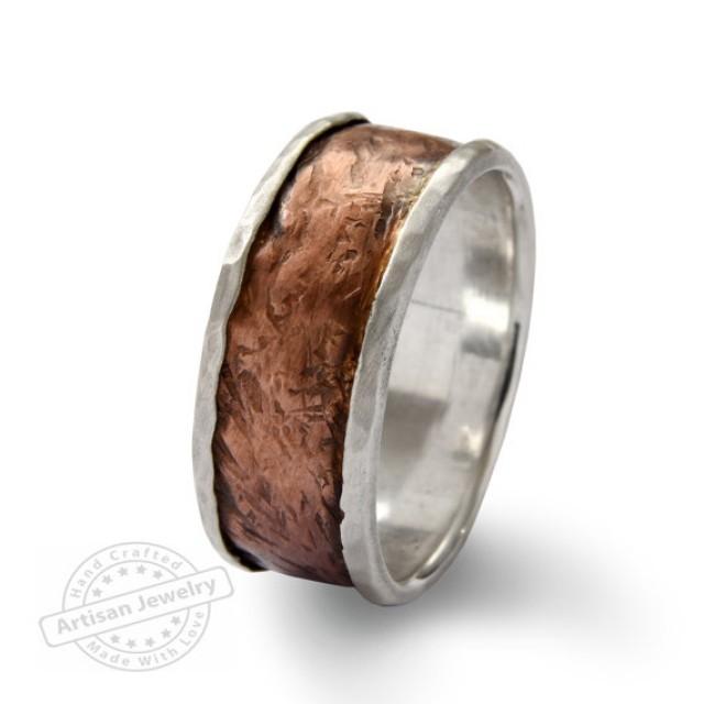 wedding photo - Wide Infinty Men band, Sterling silver and Copper ring, Rustic silver wedding band, copper wide ring, Two tone organic band, mixed metals