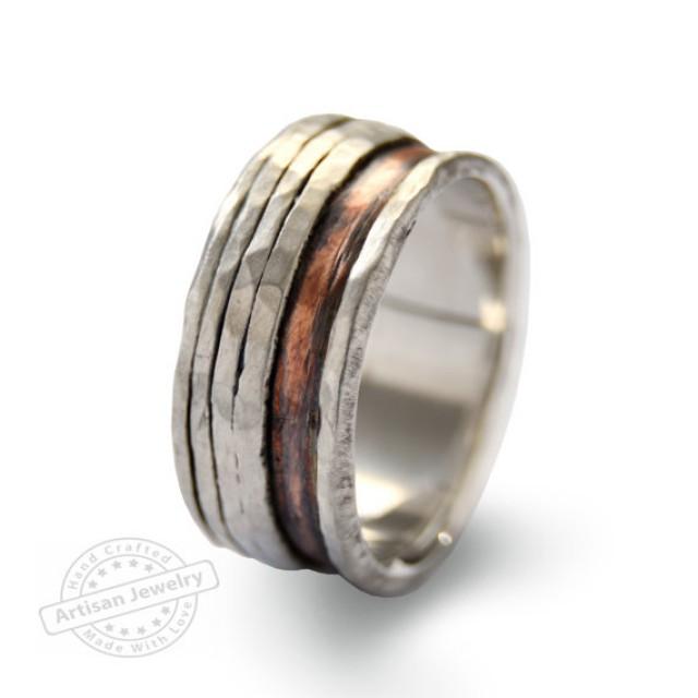 wedding photo - Rustic Men wedding band, silver fixed spinners ring, Modern unisex silver and copper band, Organic band, Infinity silver wide band, sale