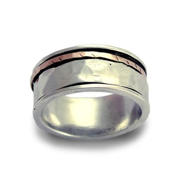 wedding photo - Men hammered wedding ring, Rustic Sterling silver band, Unisex wedding band, silver and rose gold spinner silver spinners ring, Silver band