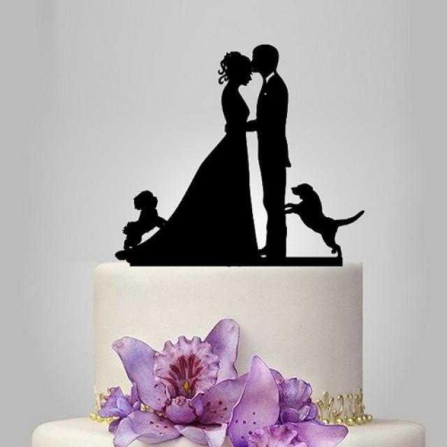 wedding photo - Wedding cake topper with two dog, bride and groom silhouette