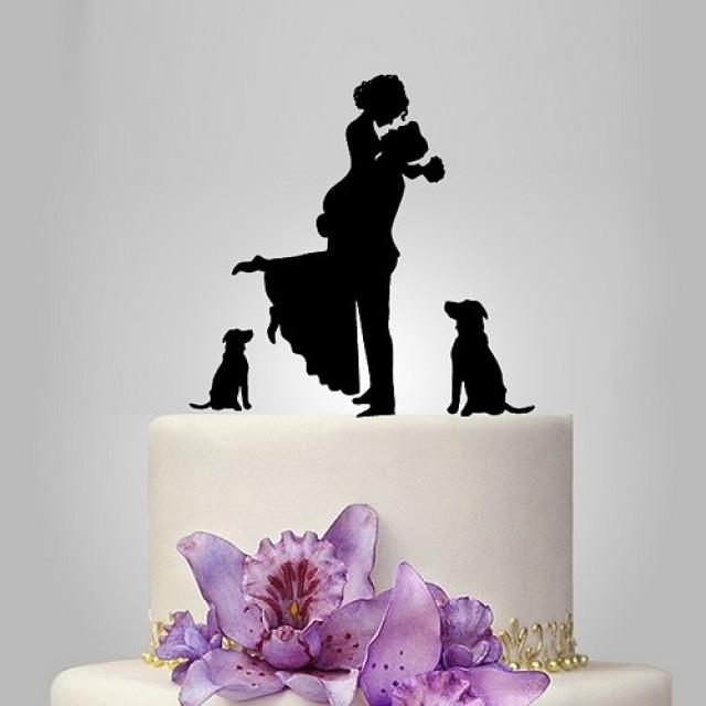 wedding photo - family wedding cake topper with couple and 2 dog, cake decoration